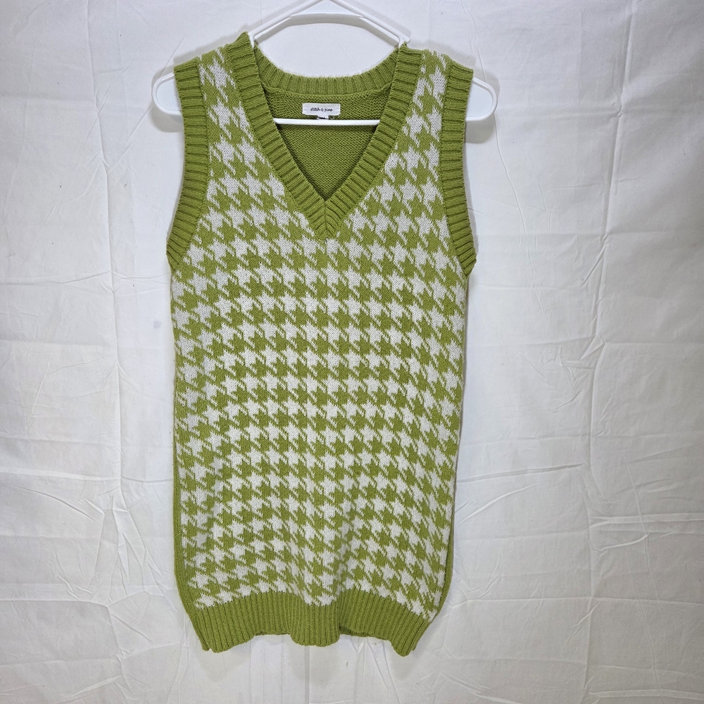Olive Green Houndstooth Sleeveless Sweater Vest Dress